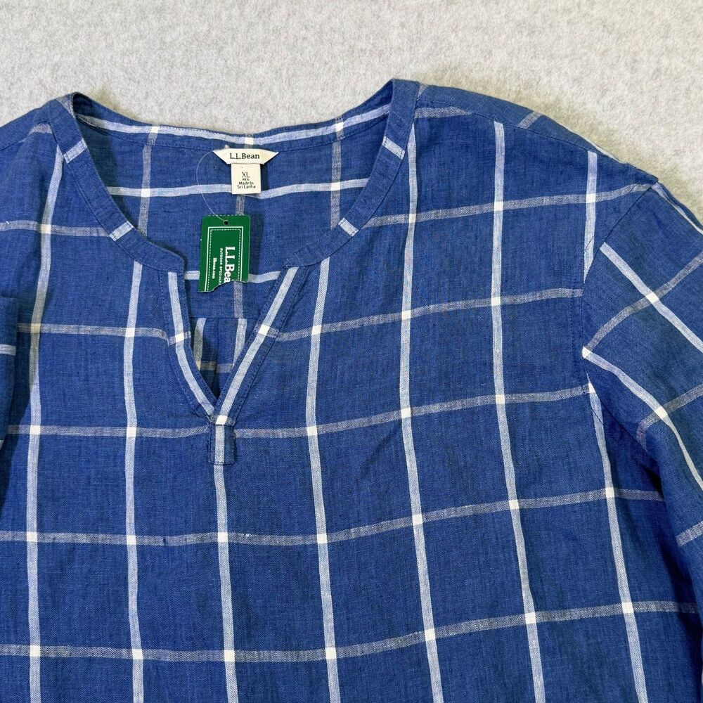 L.L.Bean Linen Shirt Womens XL Blue Plaid Tunic 3/4 Sleeve Lightweight NWT